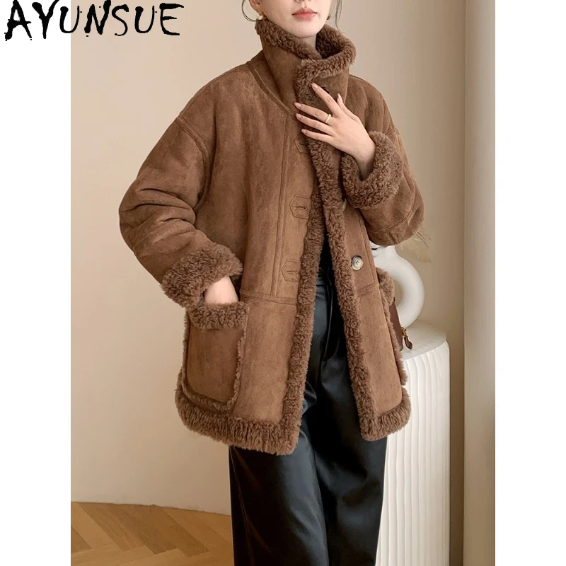 معطف صوف 100% من AYUNSUE للنساء عالي الجودة متوسط الطول سترة شتوية للسيدات معطف فرو قابل للعكس ملابس نسائية سترات دافئة