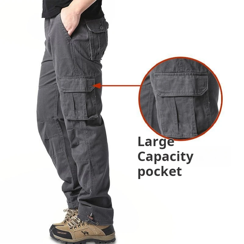 

2024 Large Pocket Loose Overalls Men's Outdoor Sports Jogging Tactical Pants Elastic Waist Pure Cotton Casual Work Pants