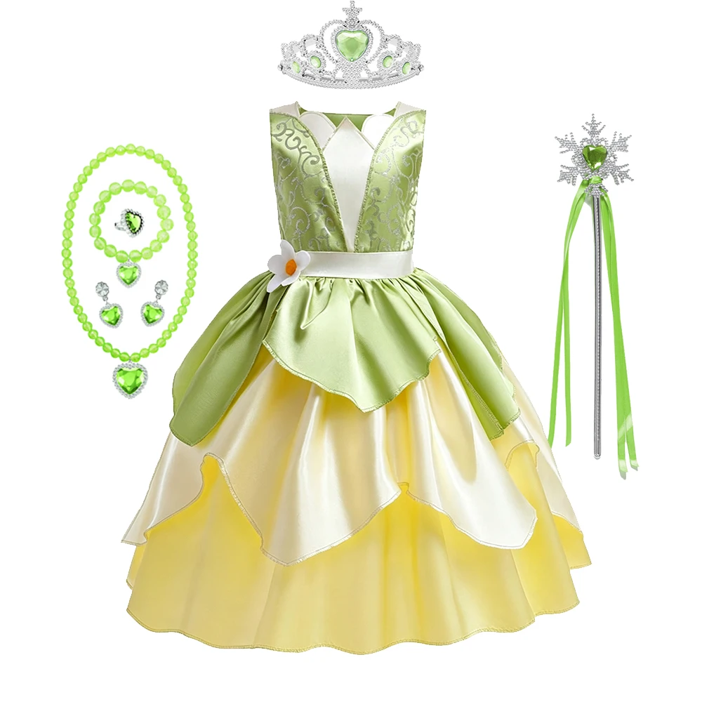 Tiana Kostüm Mädchen Grünes Prinzessinnenkleid mit Feenflügeln Krone Zauberstab für Mädchen Bühnenauftritt Halloween Cosplay – Detail 7