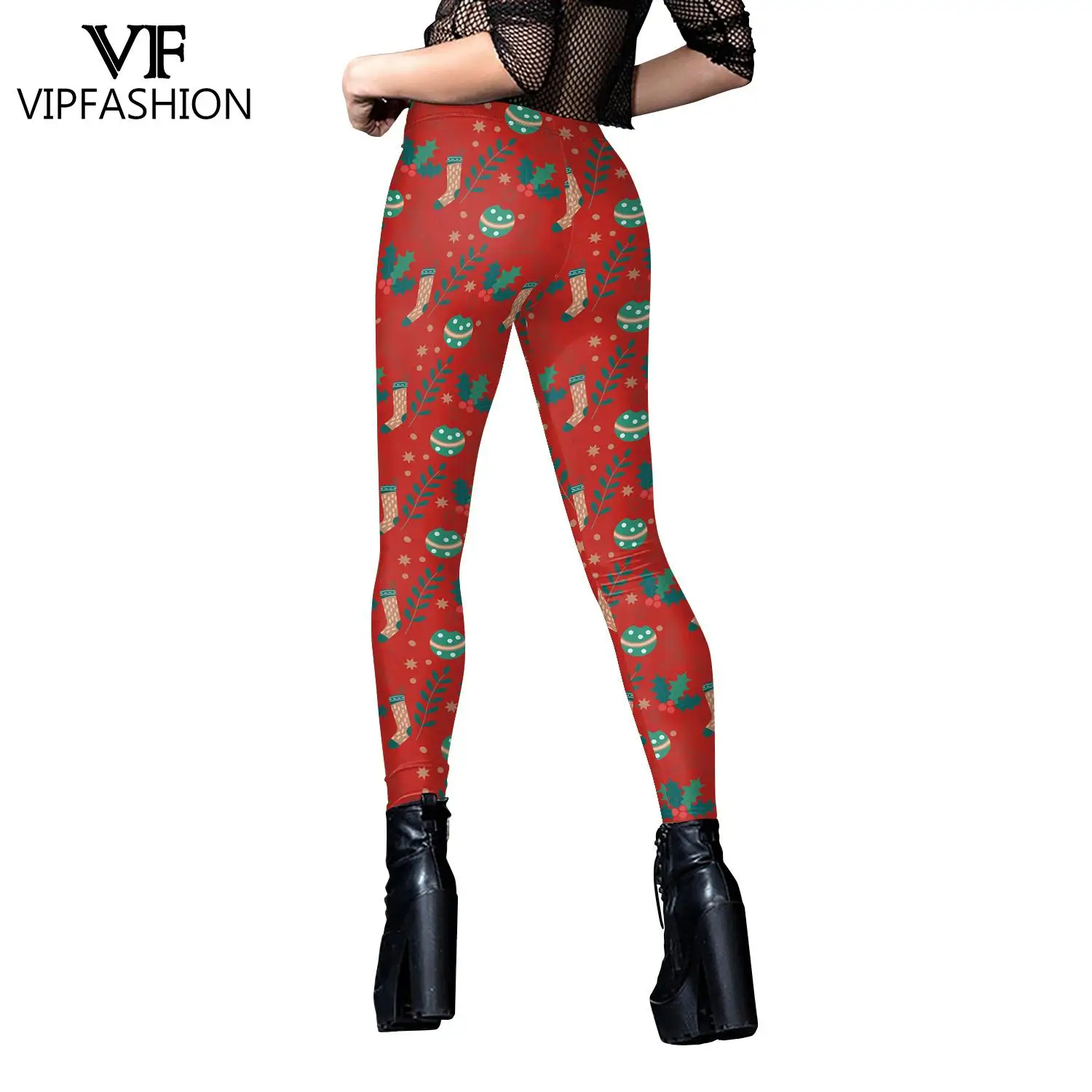 VIP FASHION Christmas Leggings for Woman Xmas Pattern Sexy Tights Mid Waist Elastic Trousers Holiday Party Pants Gifts Bottom