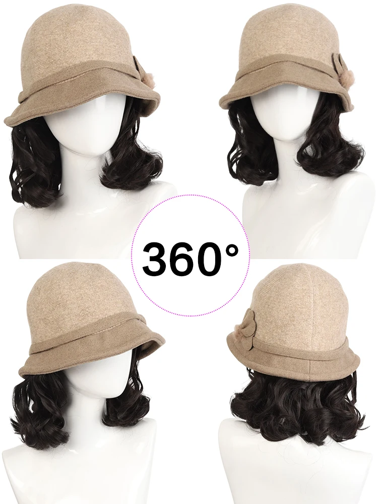 Synthetic 6inch plaid fisherman hat short curly hair wig brown princess curly roo cold warm horse roll Christmas gift