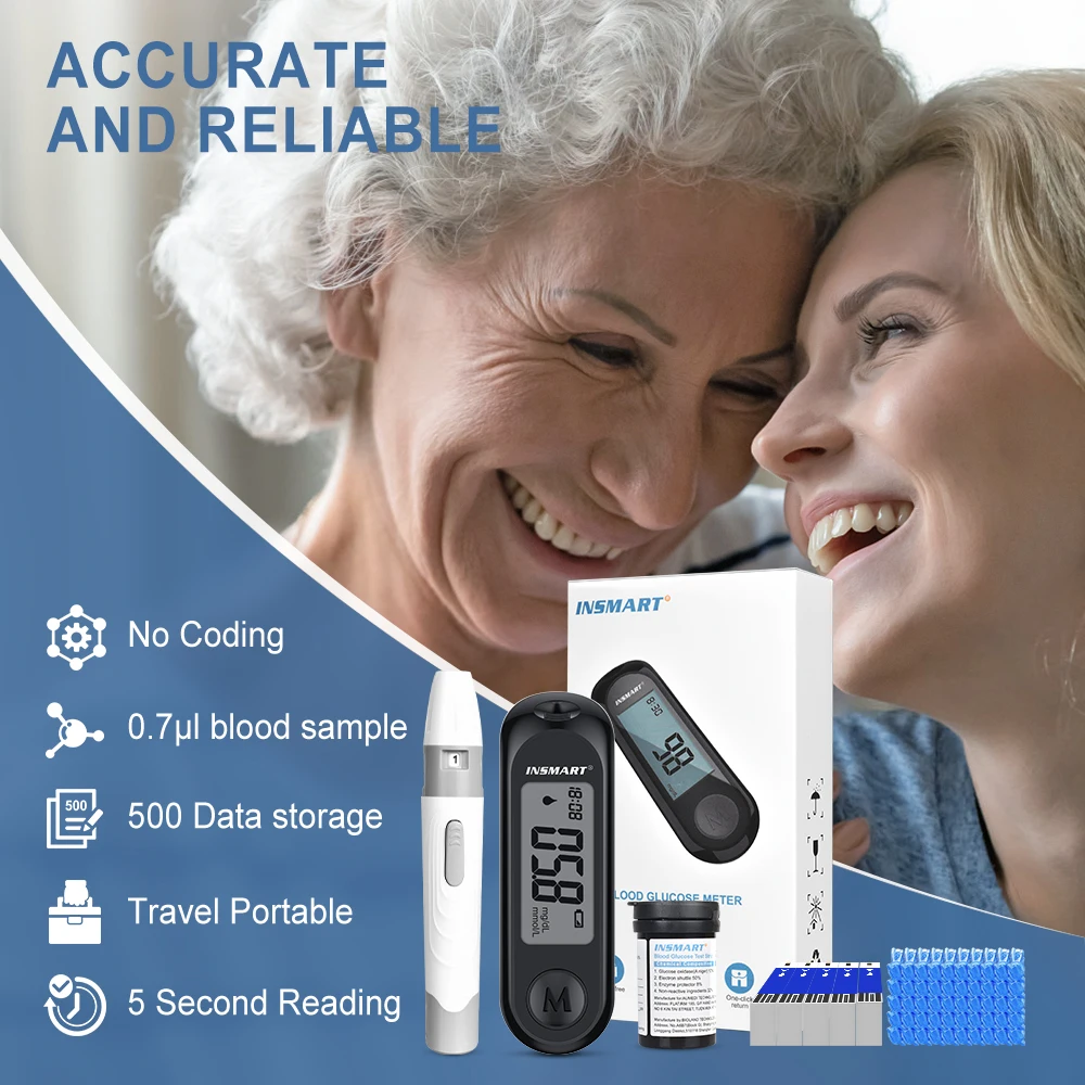 INSMART Medidor de glicose no sangue Kit de teste de diabetes 50 Tira de teste de glicose no sangue Kit de glicosímetro Monitor de açúcar no sangue