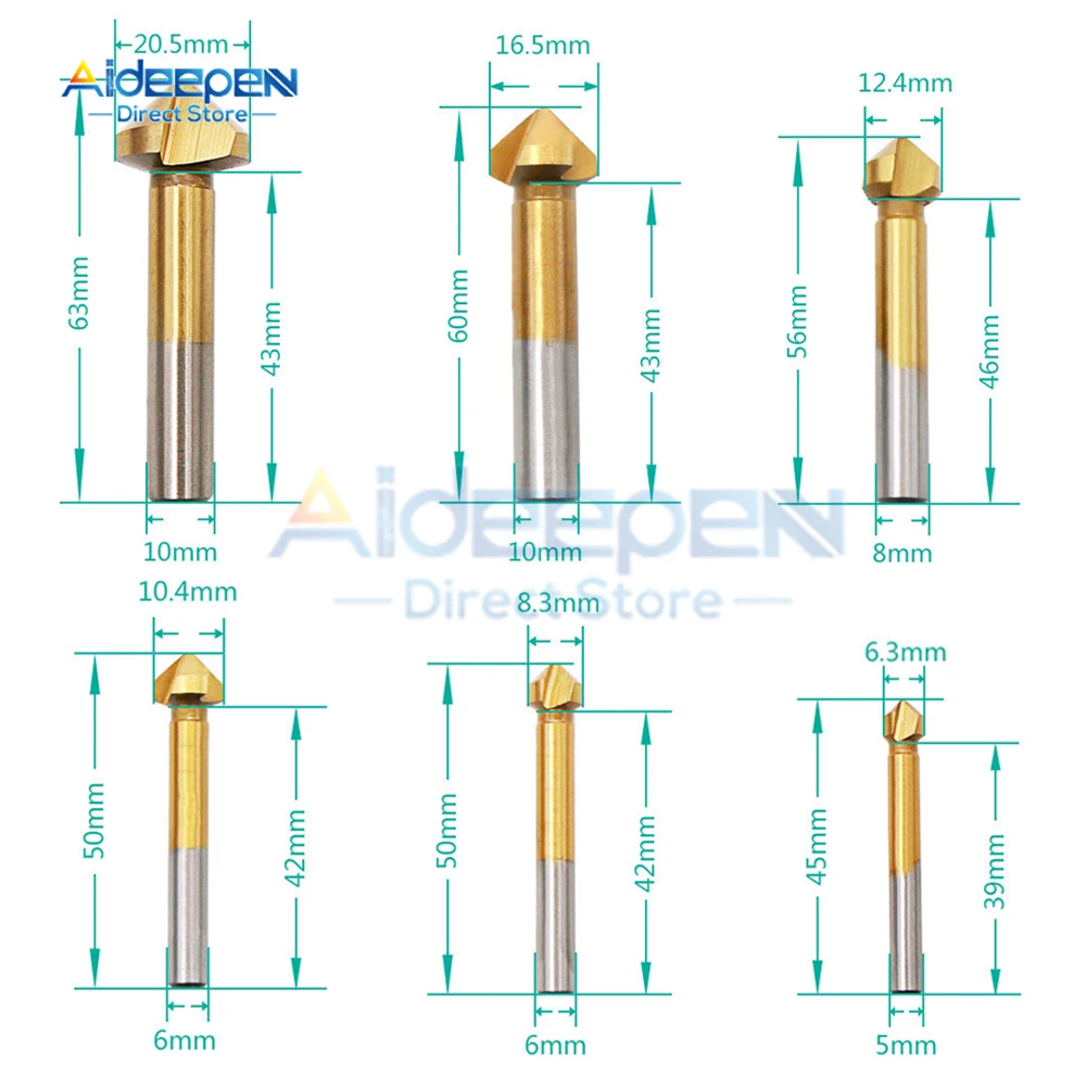 6ชิ้น6.3-20.5มิลลิเมตรไทเทเนียมรอบก้าน3ขลุ่ย90องศาไฮสปีด chamfer Chamfering ตัด end Mill เครื่องมือ Countersink สว่านชุด