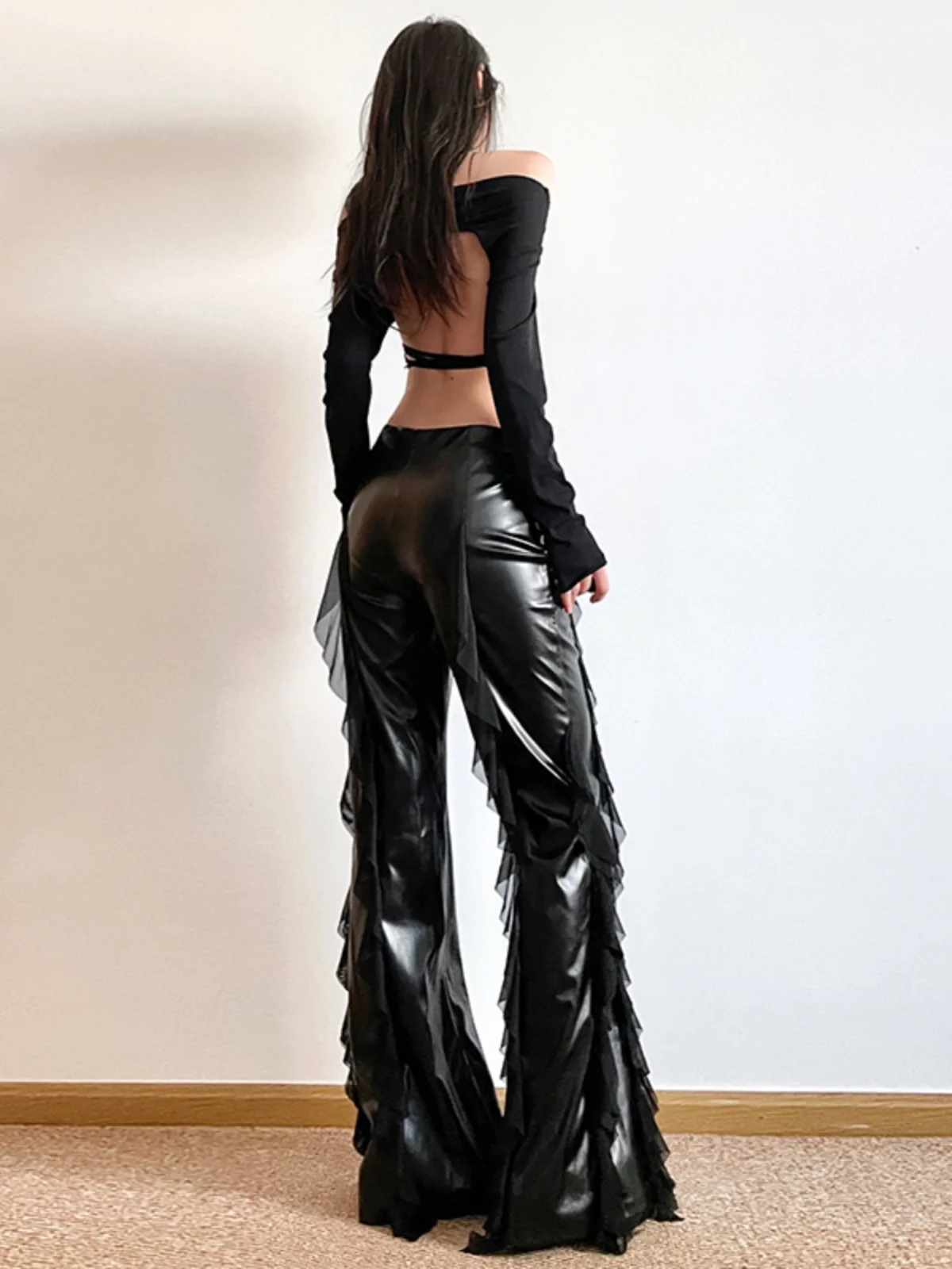 Gothic Street Sle Leather Pants for Women High Waist Tassel Detail Me Splicing Drapey Versatile Long Pants by Weird Puss