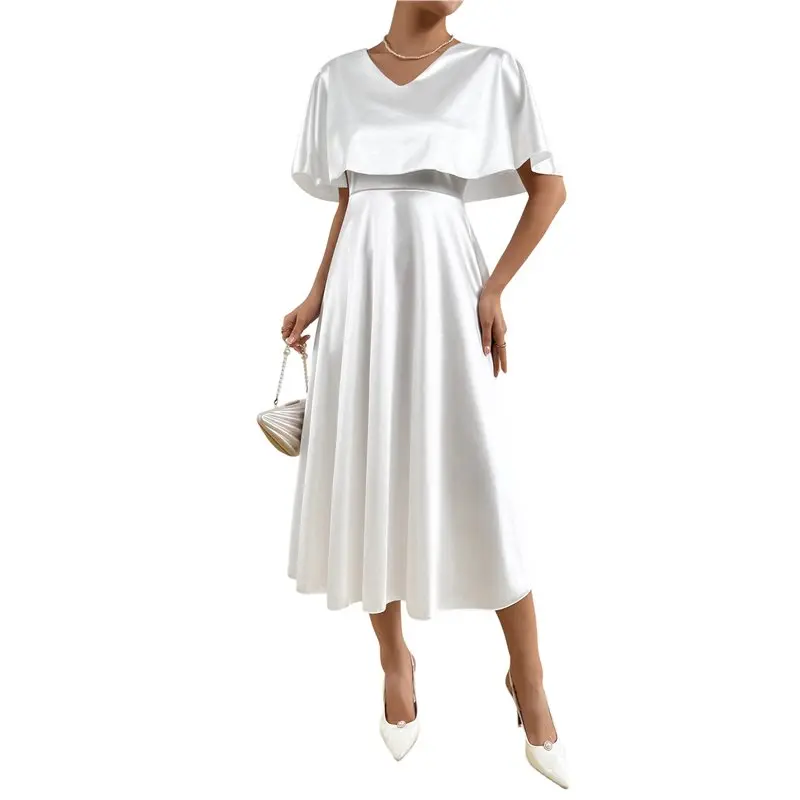 Women Solid Glossy Satin Cape Overlay V-Back High Waist Flared Swing Midi Formal Dress White L Eco-Friendly