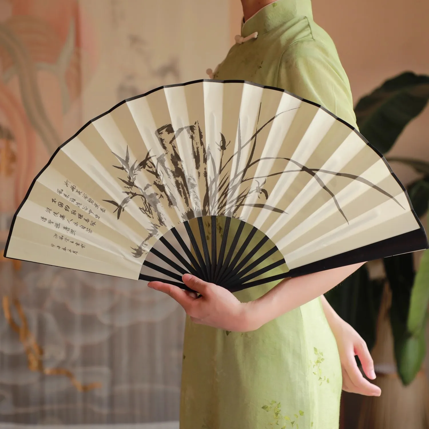 10 Inch Chinese Folding Fan for Men - Traditional Silk Bamboo Hand Fan, Vintage Hanfu Summer Cooling Fan with Case