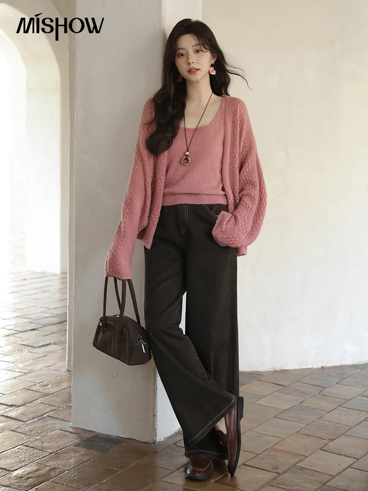 MISHOW femmes rose tricot deux pièces ensemble 2025 automne doux manches longues Cardigan avec gilet décontracté femmes vêtements ensemble MXE44T0737