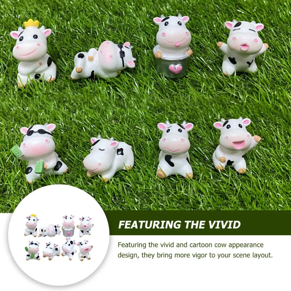 8Pcs Cute Cow Small Statue Garden Crafts Fairy Garden Ornament Tiny Miniature Animal Statues Decor Resin Lovely Desk Decoration