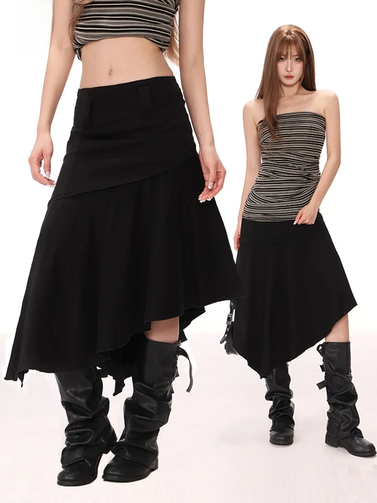 

High Waist Asymmetric Black Double Layer Skirt Women's Summer Split Long Pants Covering A-Line Skirt Korean Style Commute