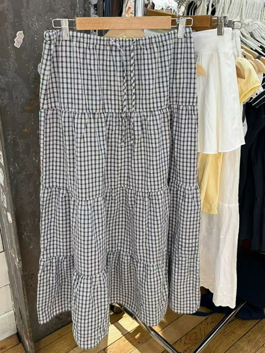 Falda larga a cuadros con cordón para mujer, Faldas largas Vintage simples acampanadas con cintura elástica, moda informal dulce, Jupe inferior