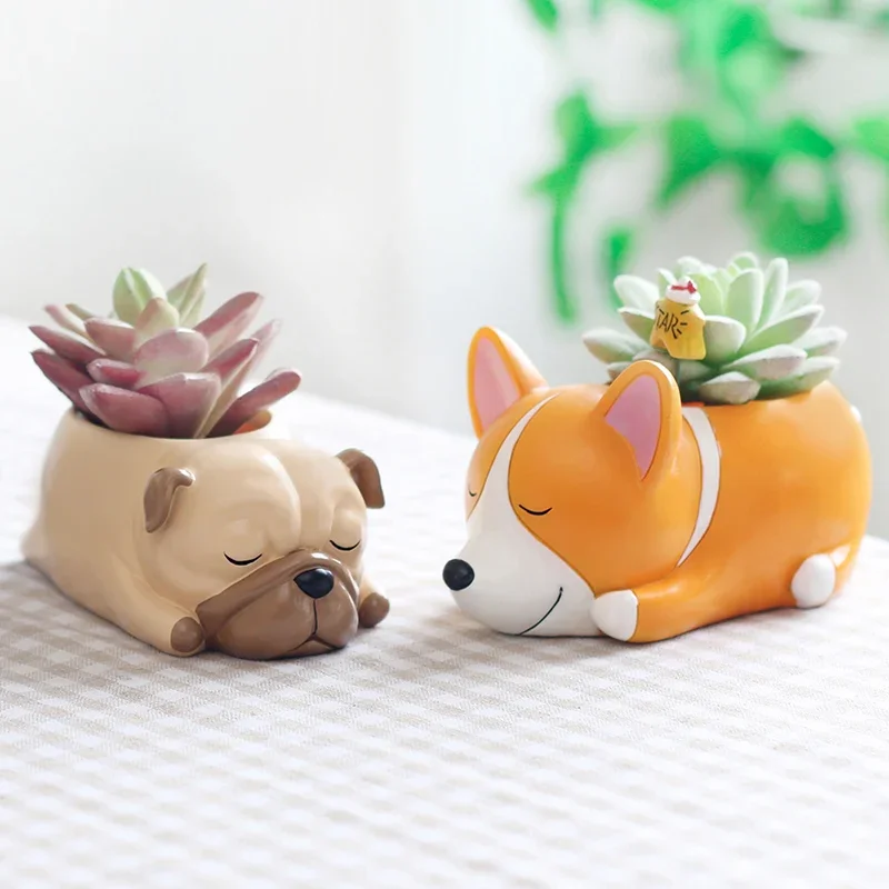 Cute Puppy Corgi Planter for Succulents Plants, Decorative Dog Flower Pot Container for Mini Bonsai Home Tabletop Decor