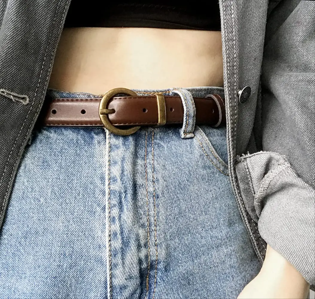 Damengürtel, modisch, Retro, schlicht, Metall-Dornschließe, Gürtel, echter Luxusgürtel, Damen, schmale Taillengürtel, Paar mit Jeans, Hosen, Kleid