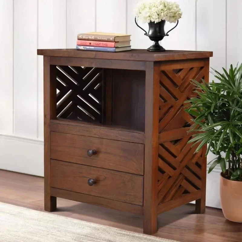 Modern wooden bedside table with 2 drawers Solid wood dark walnut bedroom household furniture with storage function
