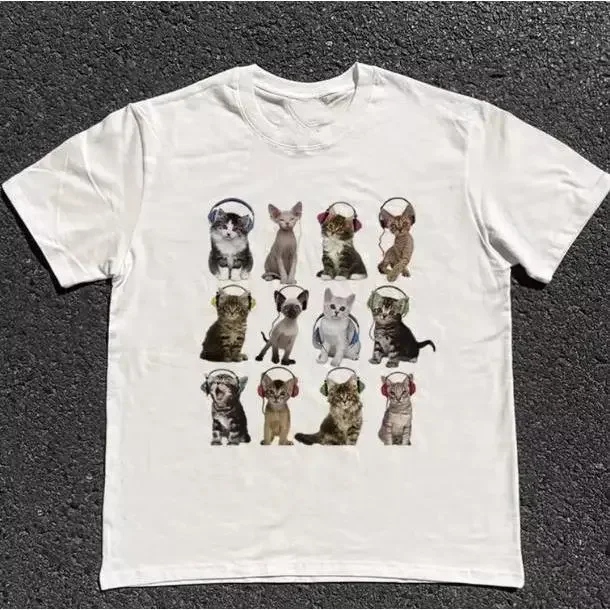 Cats HeadPhone T-Shirt, Unisex Vintage Graphic Tees Gothic Grunge Y2k Emo Scene Amity Affliction Style Clothes Men Women Streetwear