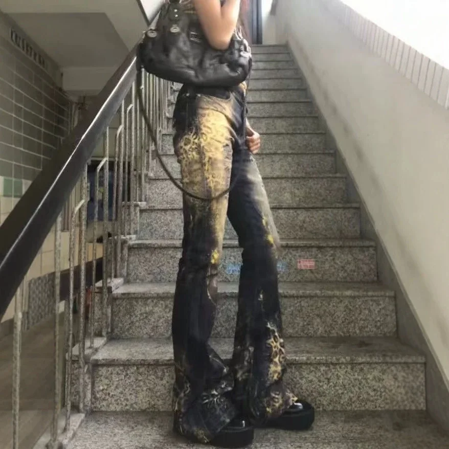 ONE TO WAN Women's Gothic Y2k Flared Jeans Harajuku Trashy Ripped Denim Trousers Streetwear Baggy Jean Pants Vintage Emo Clothes