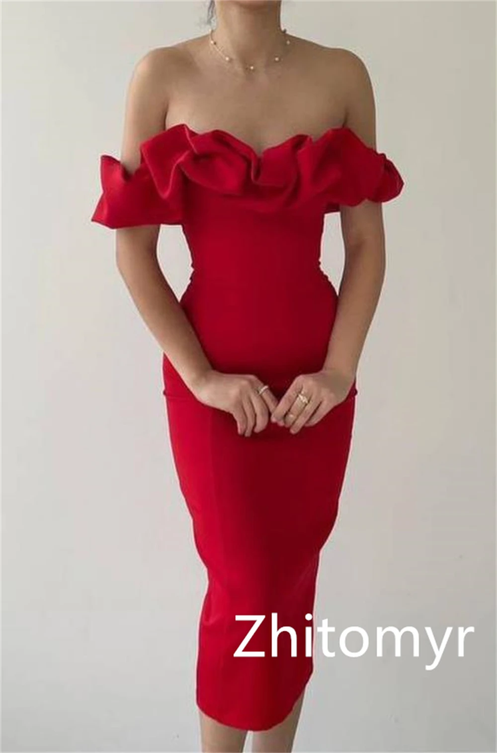 Exquisite Sparkle High Quality Jersey Ruffle Christmas Sheath Off-the-shoulder Bespoke Occasion Gown Midi Dresses