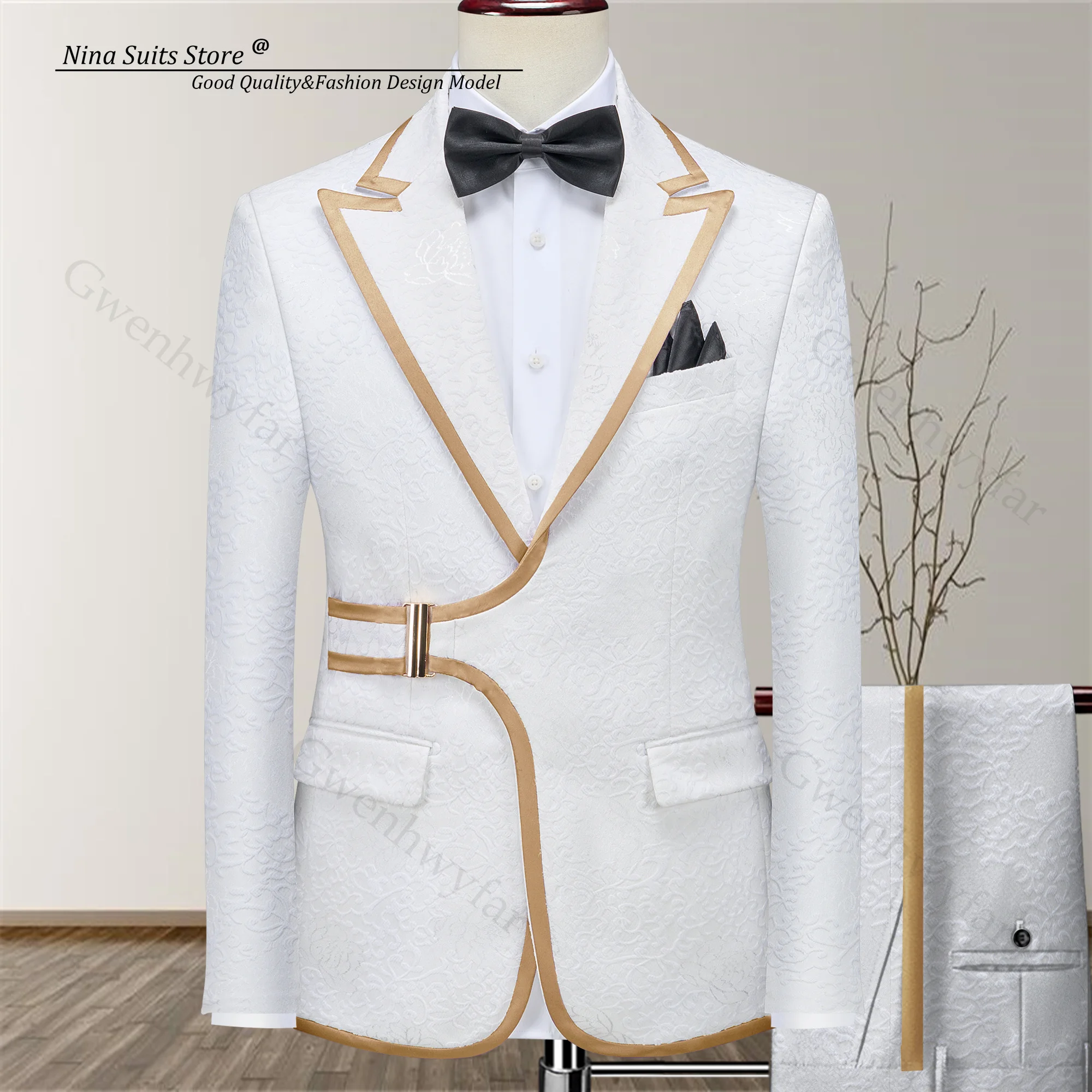 

Gwenhwyfar, белый пиджак высокого качества, мужские костюмы для вечеринок, формальные золотые, синие, розовые, черные полосатые украшения, пиджак, брюки для мужчин