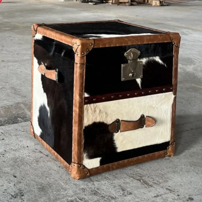Country black and white milk cowhide edge few tables villa luxury storage box personalized bedside table