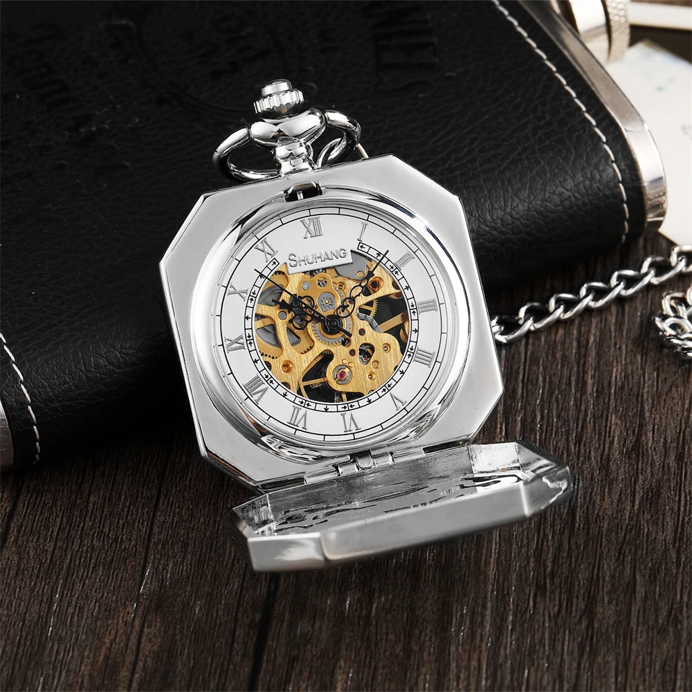 Retro creative carved hollow flip octagonal mechanical pocket watch pendant waist chain semi-automatic mechanical pocket watch