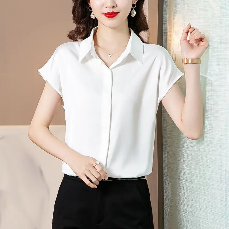 Women Clothing Temperament Solid Color Loose Blouse Summer New Short Sleeve Polo Neck Thin Elegant Shirt Tops Fashion Office