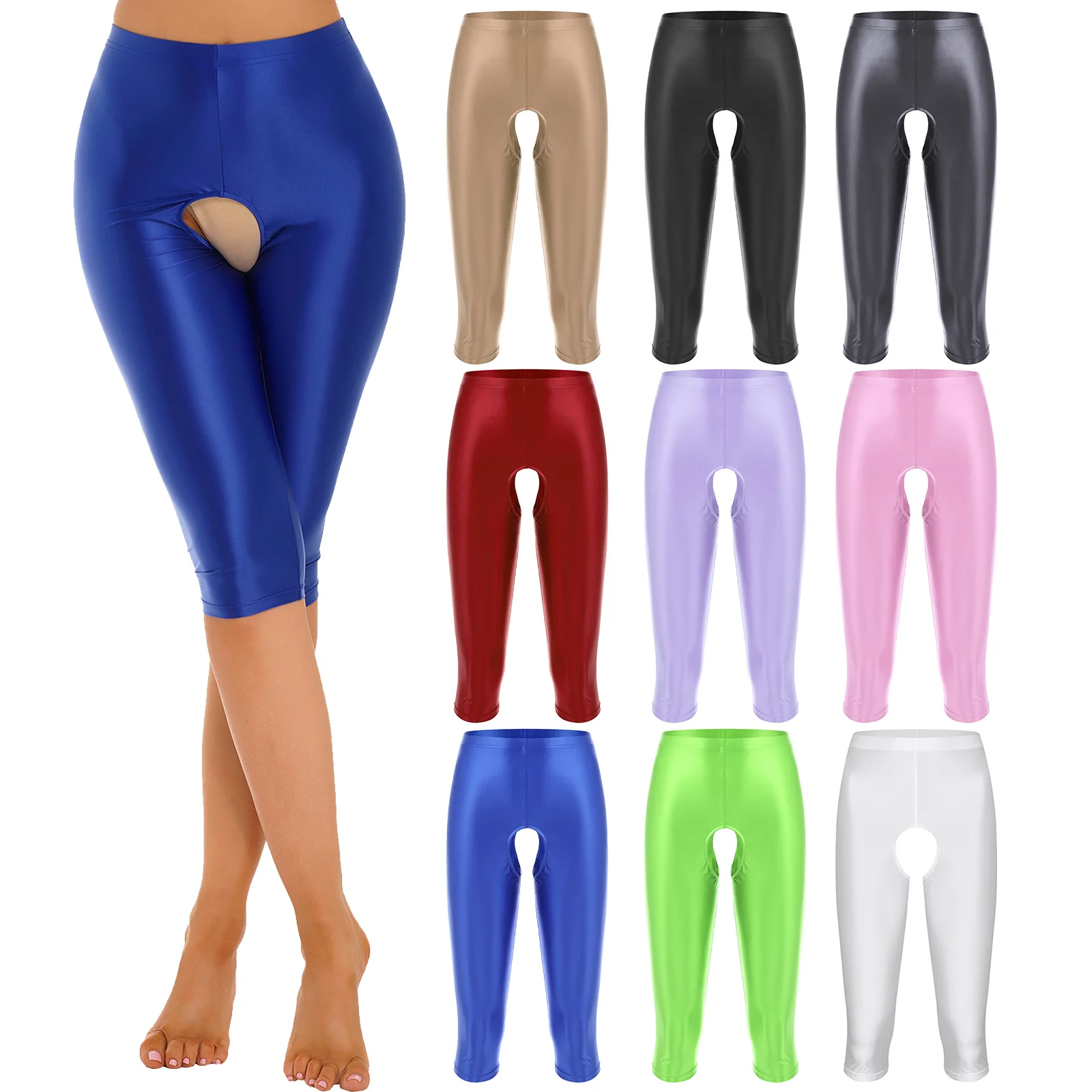 Short à entrejambe ouvert lisse pour femme, leggings élastiques extensibles, pantalons courts brillants, bas ajustés pour le sport, la danse de yoga