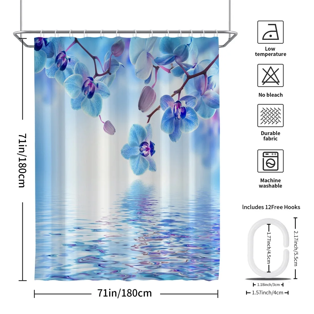 1PC, water blue flower, modern home bathroom waterproof shower curtain, 12 plastic hooks, 71in*71in