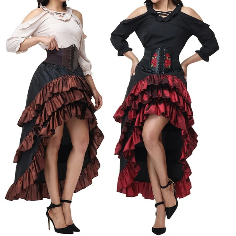 Disfraz de Pirata Bucanero para Fiesta de Carnaval de Halloween, Top, Camisa y Falda para Mujer, Estilo Punk Renacentista Burlesque, Atuendo Asimétrico