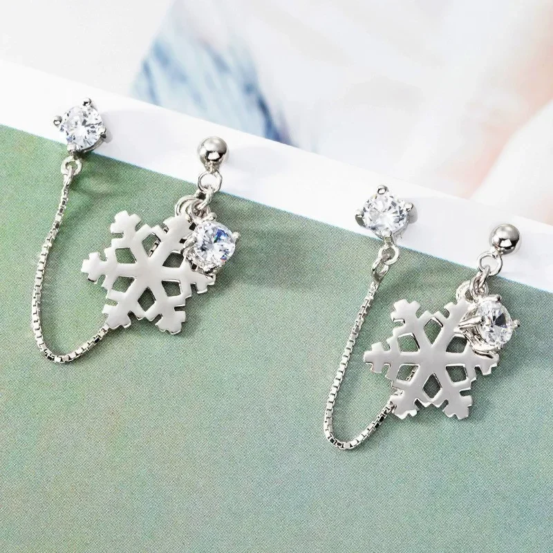 Romantic Snowflake Tassel Drop Earrings For Women Crystal Two Ear Hole Female Elegant Dangle Ear Piercing Accessory Best Gifts