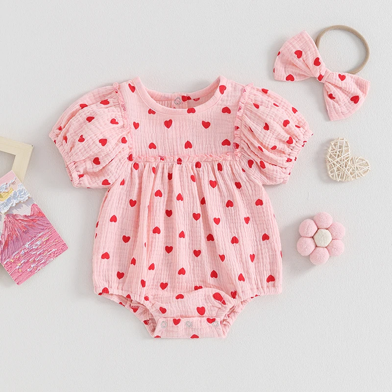 Infant Baby Girl Valentine s Day Romper Jumpsuit Headband Toddler Short Puff Sleeve Heart Print Romper Summer Outfit