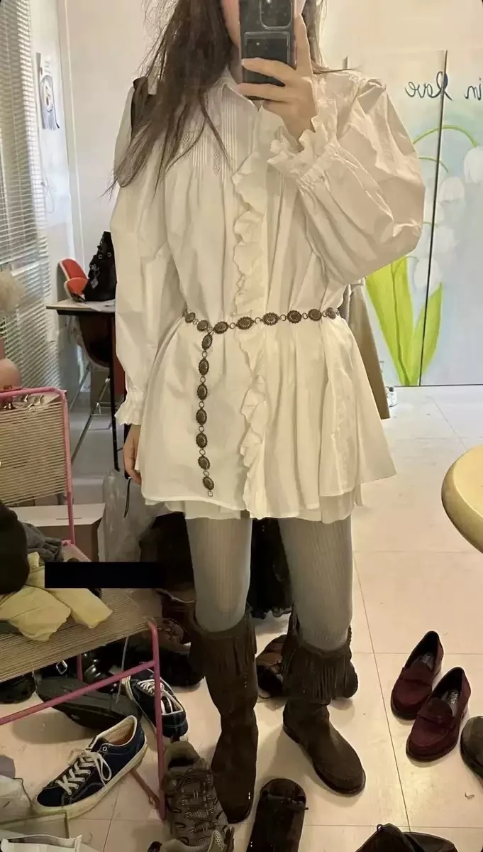 

Faionable Vintage Ruffle Collar Long Sve Long irt Loose Fit Pure Cotton Skin-friendly Breathable Women's irt