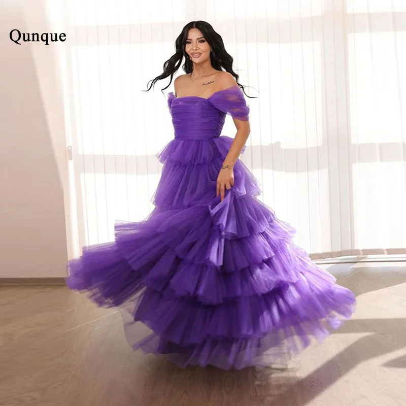 

Qunque Real Photos Purple Tulle Prom Dress A Line Customized Fairy Evening Gowns Tiered Pleat Vestidos Para Eventos Especiales