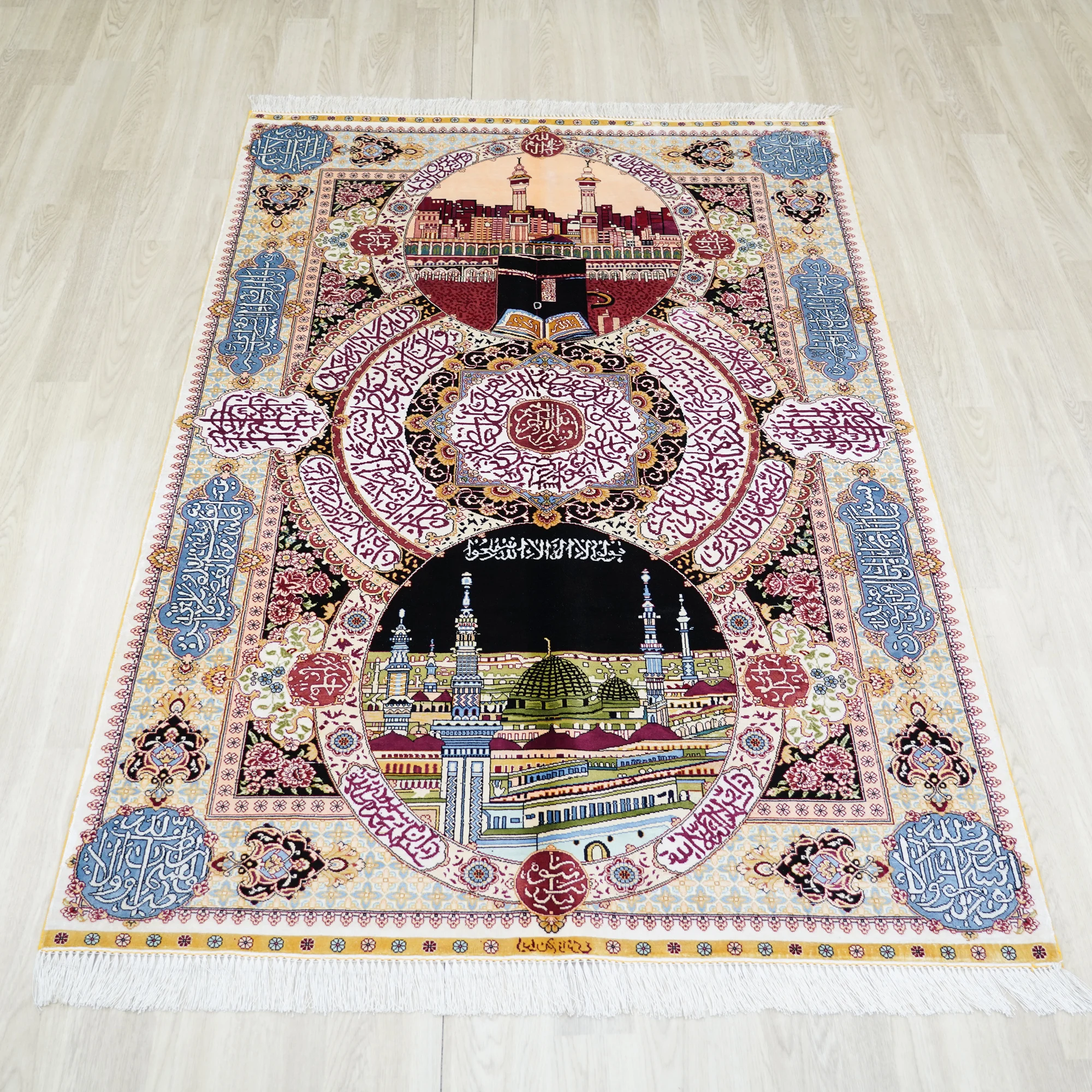 122x183cm Handmade Carpet Silk Knotted Persian Tassel Rug Luxury Islam Muslim Silk Tapestry