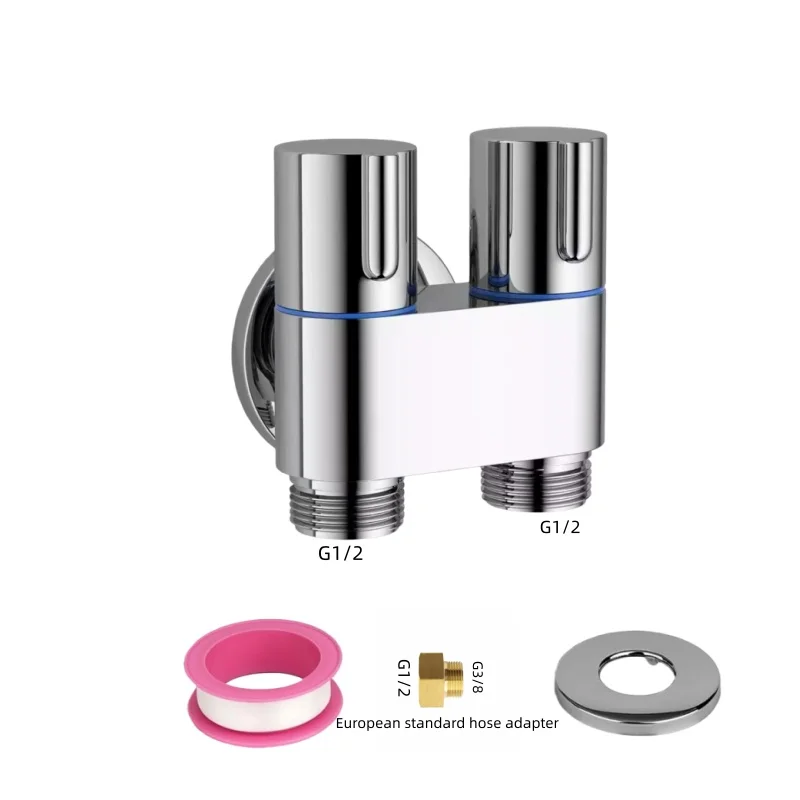 

Zinc-copper alloy single-inlet, double-outlet control water valve with G1/2-G3/8 Eu standard adapter for water pipe connection.