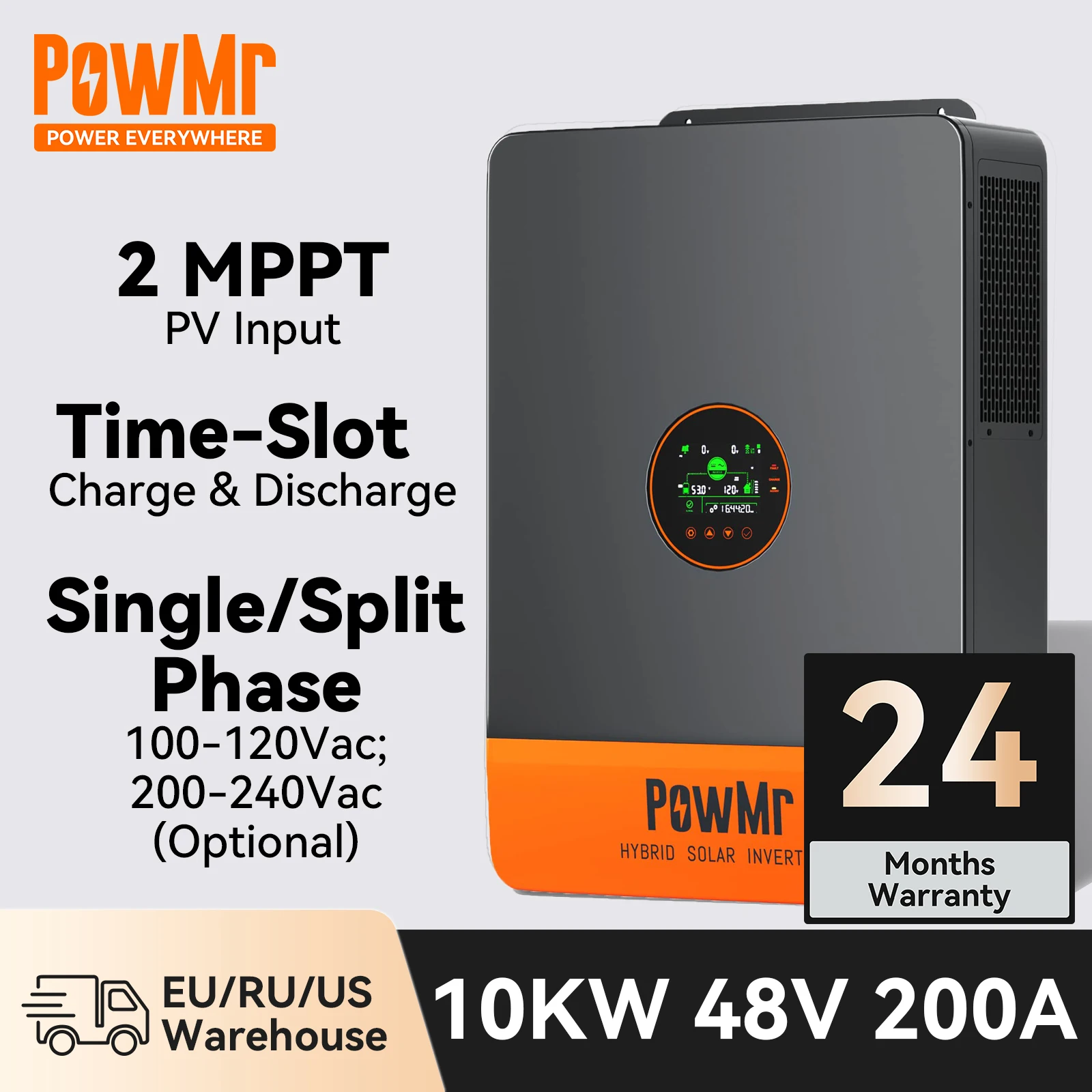 PowMr Dual MPPT Hybrid Solar Inverter 10KW 48V Split Phase Single Phase 100V 110V 120V 220V 240V 200A Solar Inverter for Home RV