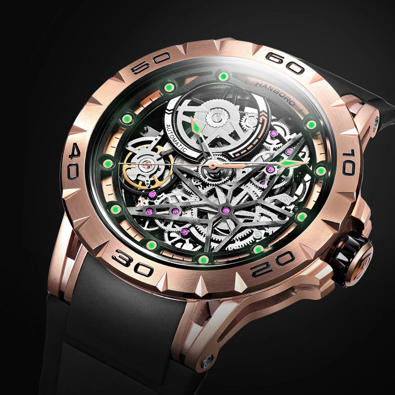 HANBORO Men Automatic Watch 45MM Luxury Watches Self Wind Mechanical Wristwatch Sport Skeleton Dial Waterproof Luminous 6T15