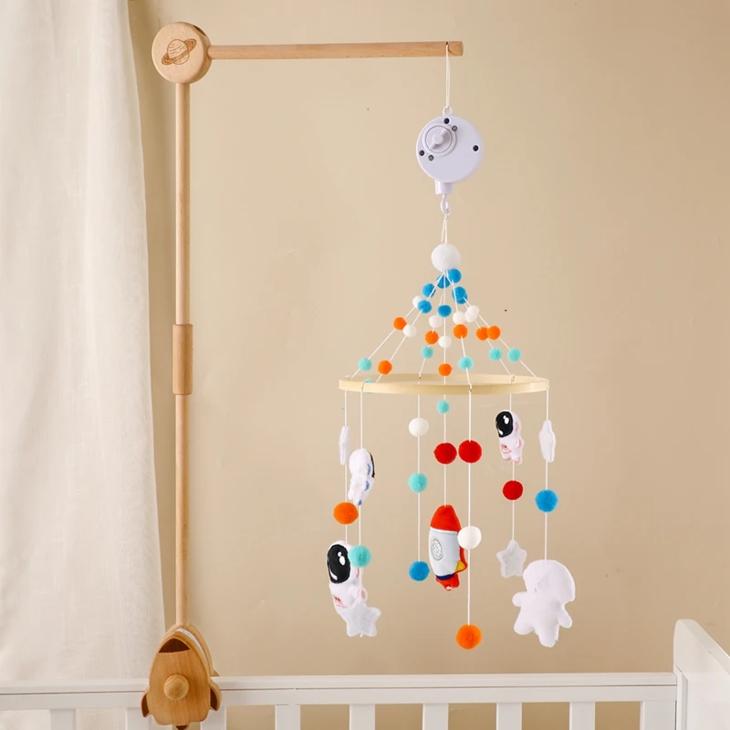 

0-12 Months Baby Rattle Wooden Rocket Sky Set Mobile Newborn Music Box Bed Bell Hanging Toys Holder Bracket Infant Crib Boy Toys