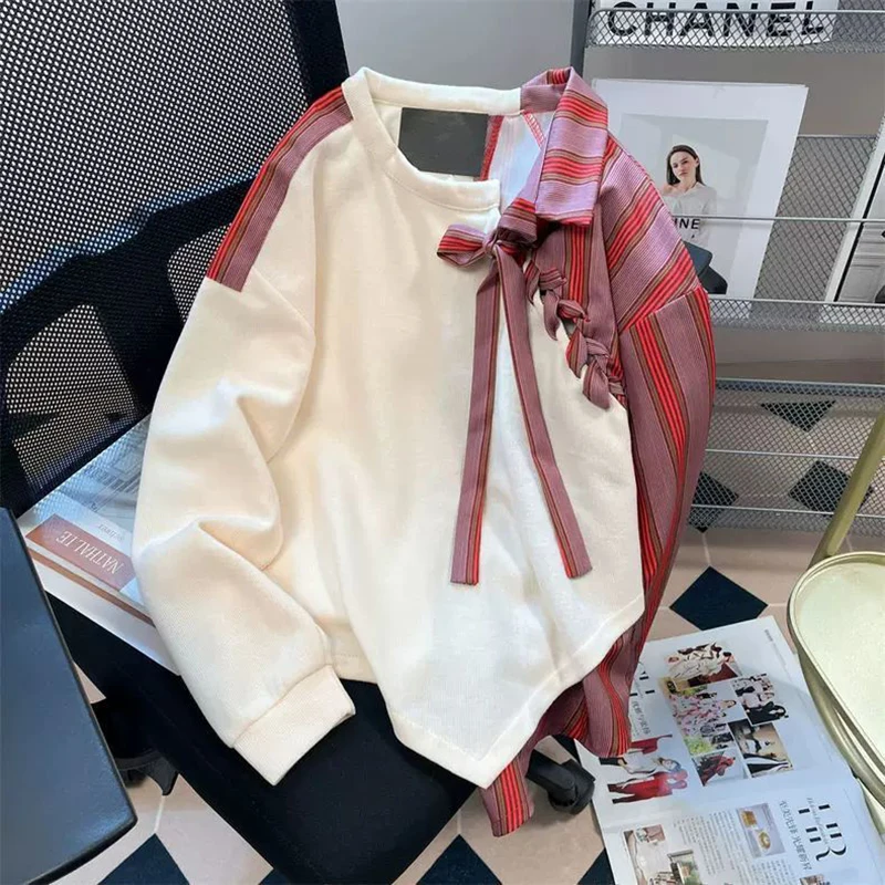 

Fall Personality Fake Two Piece Women Long Sleeve T Shirt Striped Print Spliced Drawstring Blouse Irregular Hem 2xl Oversize Top