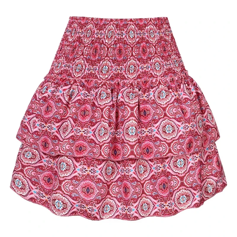 Floral Pleated Short Skirt For Women 2024 Summer Vintage Women\'s High Waist Ruffle Mini Skirt Female Vacation Bohemian Dress