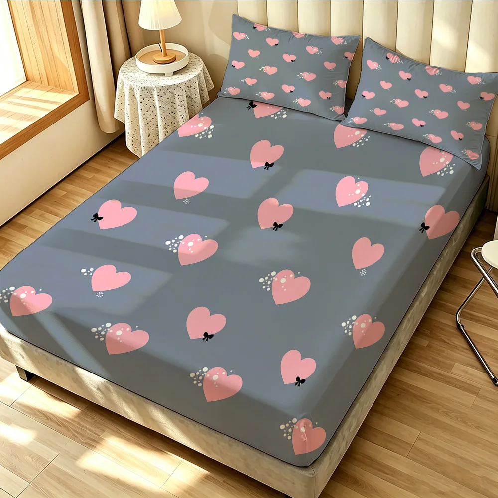 3PCS Pink Heart Bow Polka Dot Fitted Sheet Set Soft Bedroom Bedding Decoration