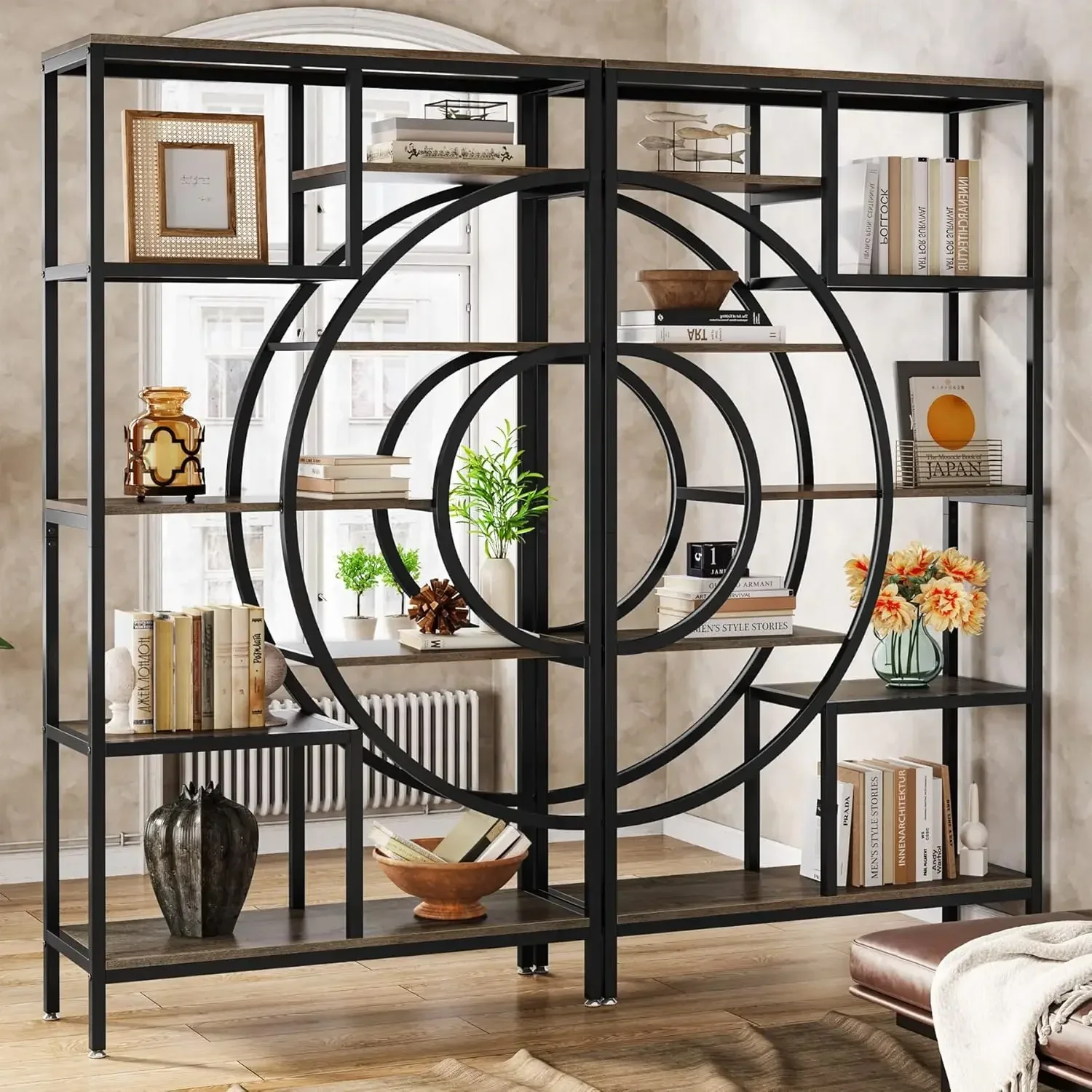 71 in Geometric Bookcase Set, Industrial 8-Tiers Bookshelves, Tall Etagere Bookcase with Metal Frame, Living Room