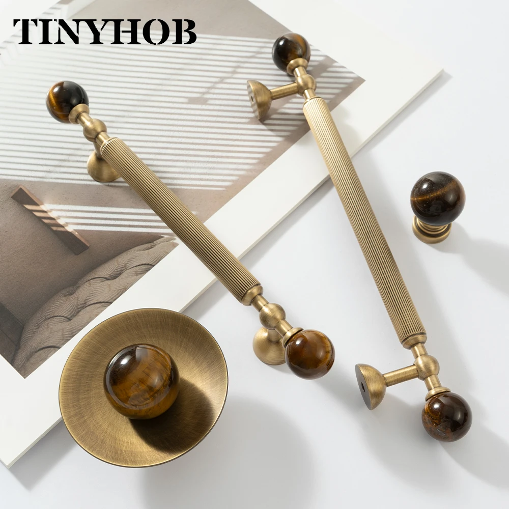 Vertical Line Brass Furniture Handles Natural Tiger Eye Stone Both End Decorative Drawer Pull Knob for Cabinet Closet Dresser