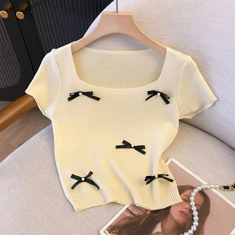 Gentle Sweet Bow French Square Neck Knitted Short-sleeved T-shirt Women's Summer Daily Short Versatile Slim Ins Top