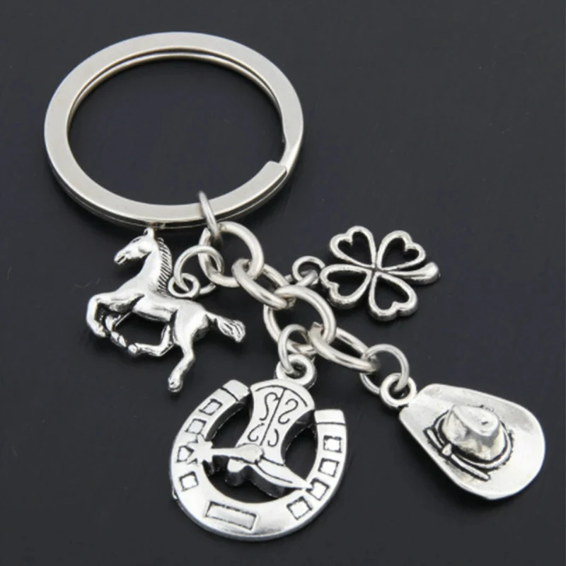 Clover Boot Charm Key Chain Cowboy Hat Keyring Horse Pendant Fashion Metal Jewelry for Men Women Christmas Thanksgiving Gift