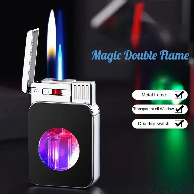 Creative Magic Double Flame Butane Gas Lighter LED Color Light Transparent Oil Window Jet Fire Switch Open Fire Lighters Smoking