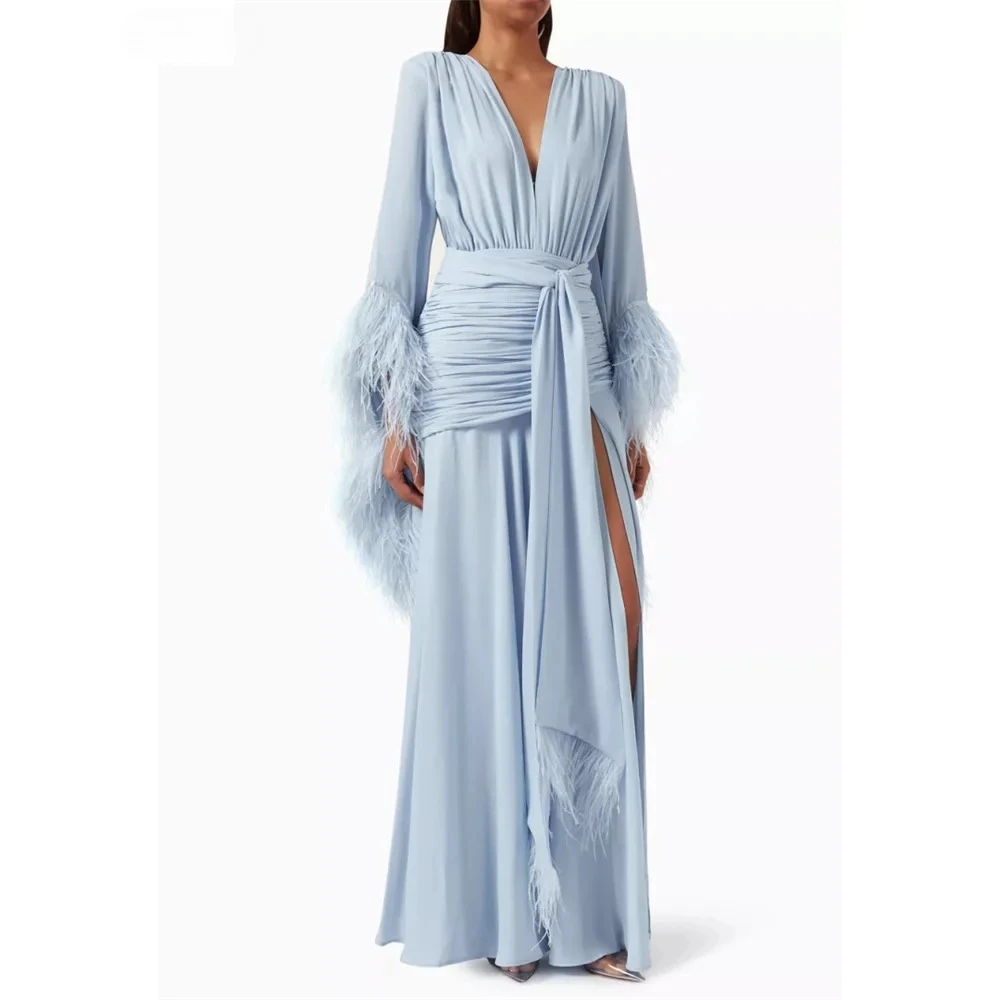 

Light Blue Evening Dress V-Neck Feather Long Sleeves Elegant Evening Gowns Cascading Chiffon Ruffle Party Dresses Customized