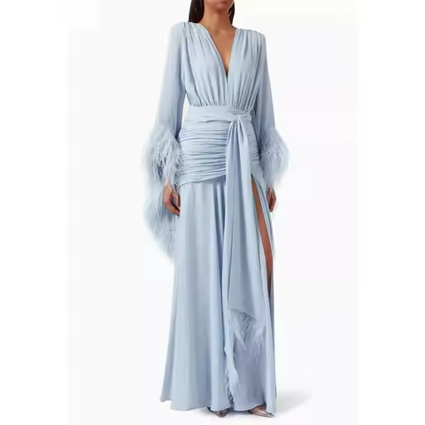Light Blue Evening Dress V-Neck Feather Long Sleeves Elegant Evening Gowns Cascading Chiffon Ruffle Party Dresses Customized