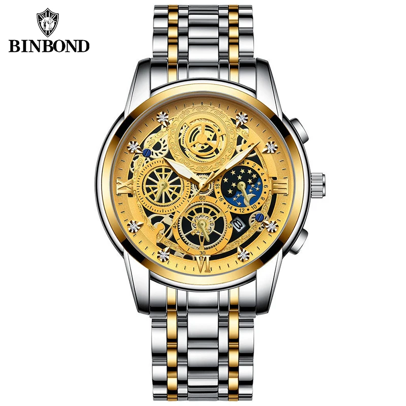 BINBOND Lnternational Top Brand Man Stainless Steel Casual Watch Luxury Luminous Waterproof Men Business Date Wristwatch B4010