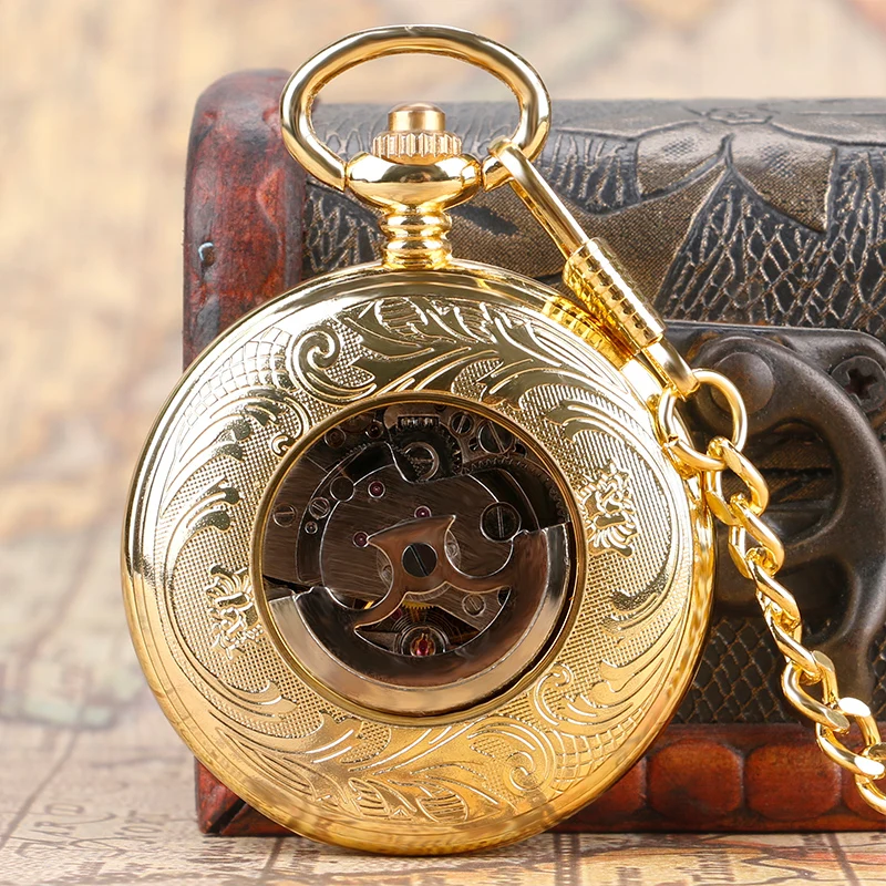 Bronze Yellow Golden Shield Case Men Women Automatic Mechanical Pocket Watch Antique Roman Number Dial Clock with Pendant Chain