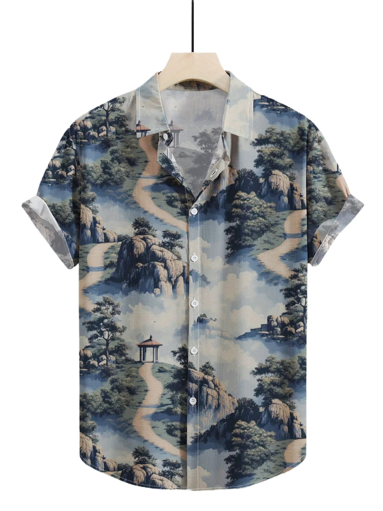 Summer New Short Sleeved Shirt Top for Men, Hawaii Vacation Multi-color Ink Pattern