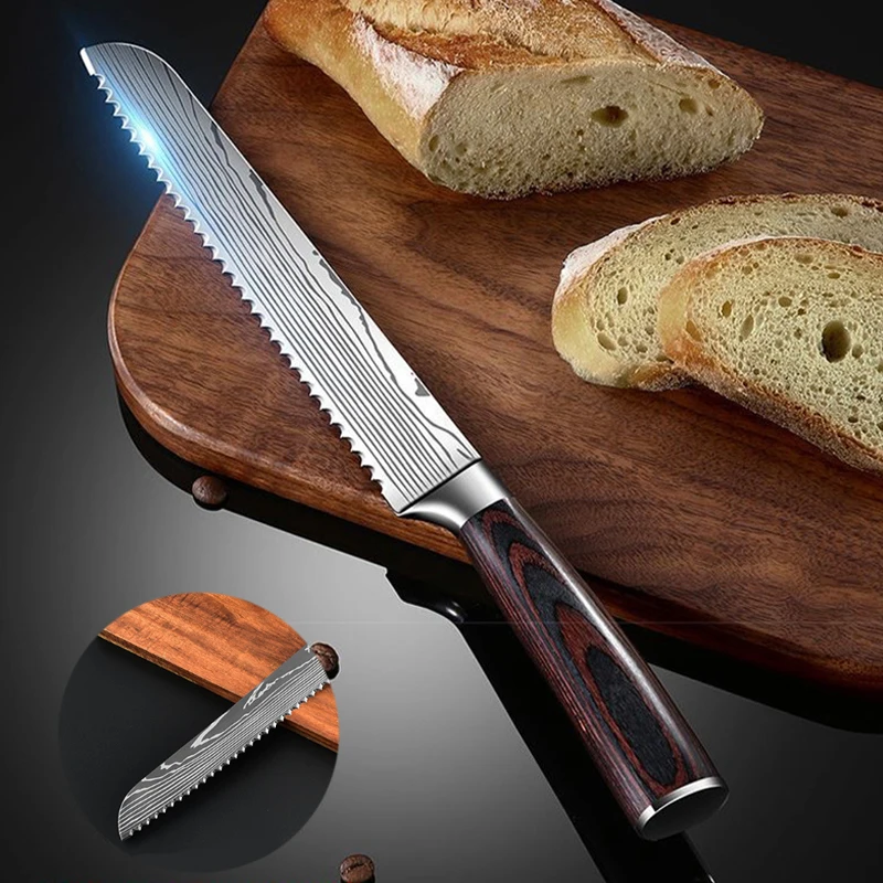 Kitchen 8 Inch Bread Knife Cheese Toast Knife Stainless Steel Damascus Pattern Knives Slicing Chef Cutter Wood Handle